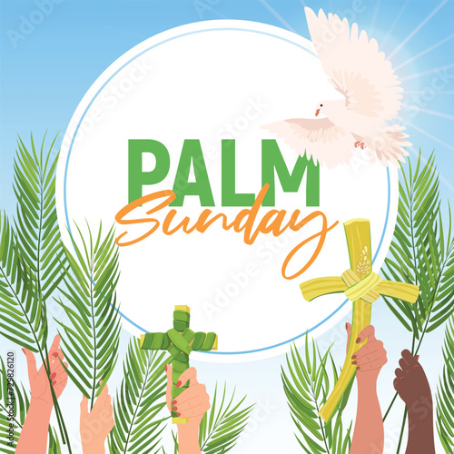 Palm Sunday welcome banner for the Christian holiday. People of different nationalities hold palm branches and leaf crosses. A white dove in the sky as the embodiment of the holy spirit.