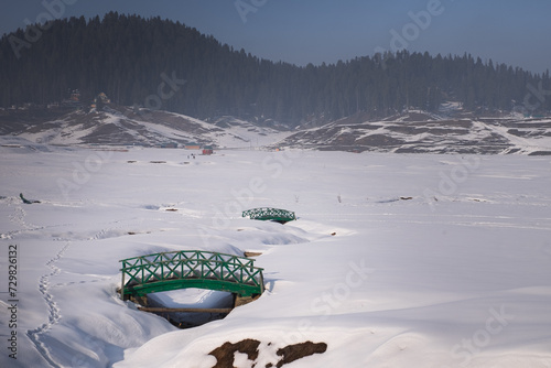 Gulmarg, Kashmir
Gulmarg lies in a cup-shaped valley in the Pir Panjal Range of the Himalayas, at an altitude of , 2,650 m (8,694 ft), 56 km from Srinagar