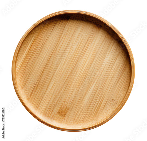 Empty round bamboo plate isolated on transparent background, top view photo