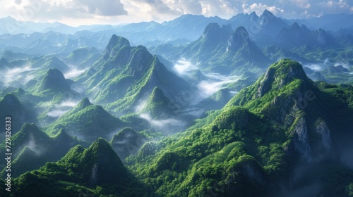  an aerial view of a mountain range covered in lush green trees and grass  with low lying clouds in the distance  and a blue sky with white clouds in the foreground.