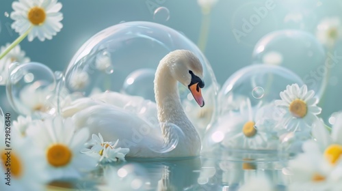  a white swan floating on top of a body of water surrounded by white daisies and a bunch of bubbles in front of a blue sky with white daisies. photo