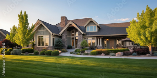 white house with a brown garage door, Beautiful modern house exterior with green grass, 3d rendering of a large modern contemporary house in wood and concrete.  © Fatima