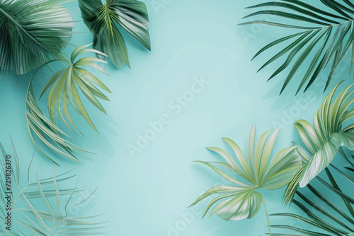 Top view tropical tree leaves on pastel blue  background, Flat lay Minimal fashion summer holiday vacation concept