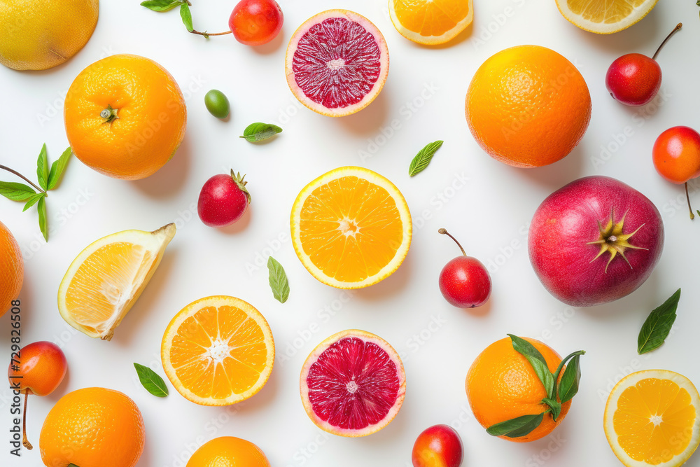 Top view of variety fruits on white background, Flat lay minimal fashion summer holiday concept. Top view of variety fruits on white background, Flat lay minimal fashion summer holiday concept.