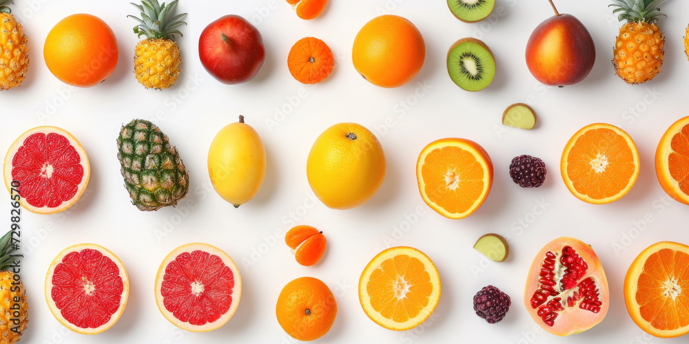 Top view of variety fruits on white background, Flat lay minimal fashion summer holiday concept. Top view of variety fruits on white background, Flat lay minimal fashion summer holiday concept.