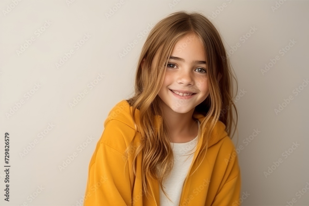 Portrait of a smiling little girl in yellow hoodie looking at camera Portrait of a smiling little girl in yellow hoodie looking at camera