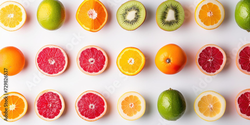 Top view of variety fruits on white background  Flat lay minimal fashion summer holiday concept.