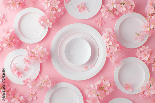 Top view white plates with pink sakura flower flowers on pastel pink background, Flat lay minimal