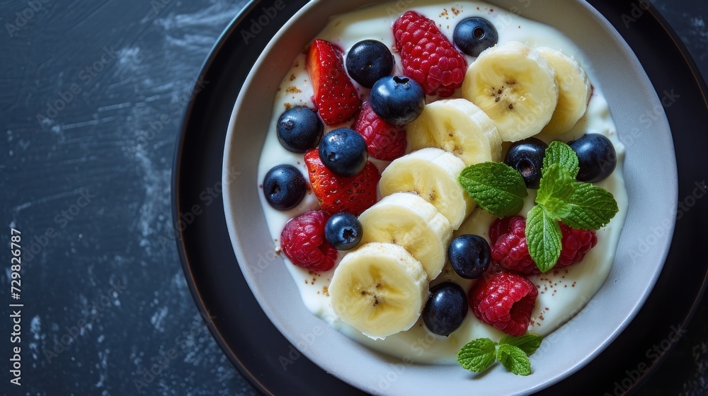 a close up of a plate of fruit with yogurt and raspberries on a black plate on a gray surface with a green leaf on the side. a close up of a plate of fruit with yogurt and raspberries on a black plate on a gray surface with a green leaf on the side.
