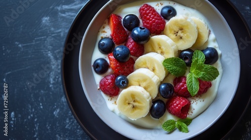  a close up of a plate of fruit with yogurt and raspberries on a black plate on a gray surface with a green leaf on the side.