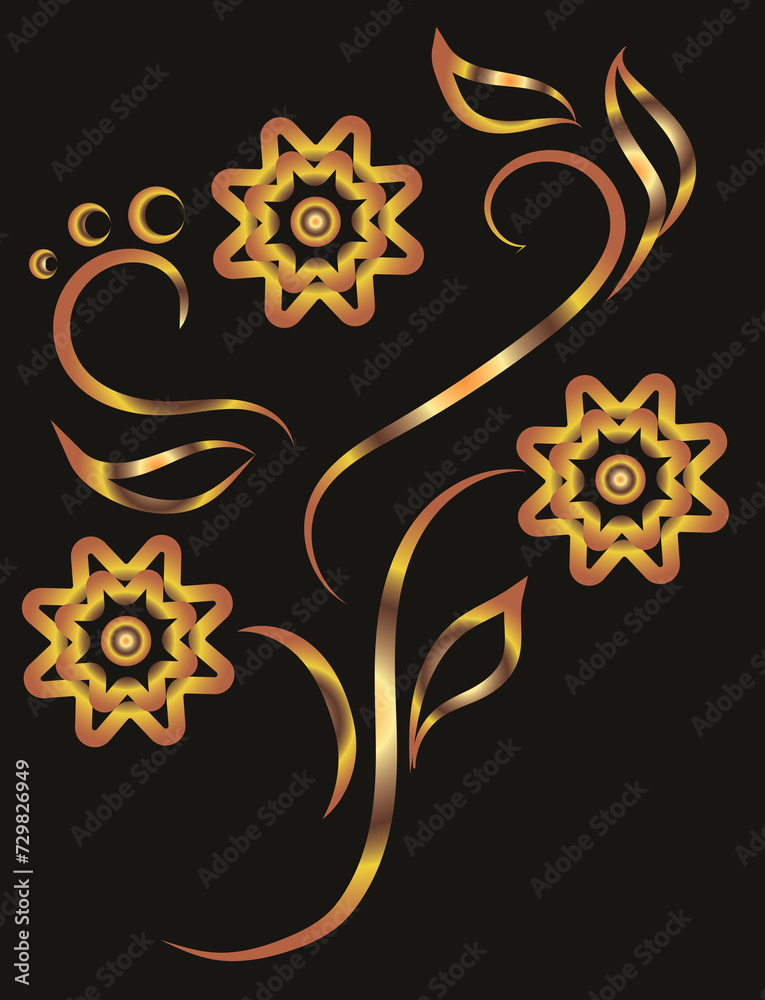 Fantasy illustration with flowers and leaves. Ornament, applique, background with space for an inscription. Gold gradient on a black background for printing on fabric, applique and cards.