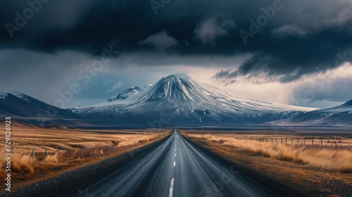  a long road in the middle of a field with a mountain in the background and storm clouds in the sky over the top of the road is a field with brown grass and brown grass.
