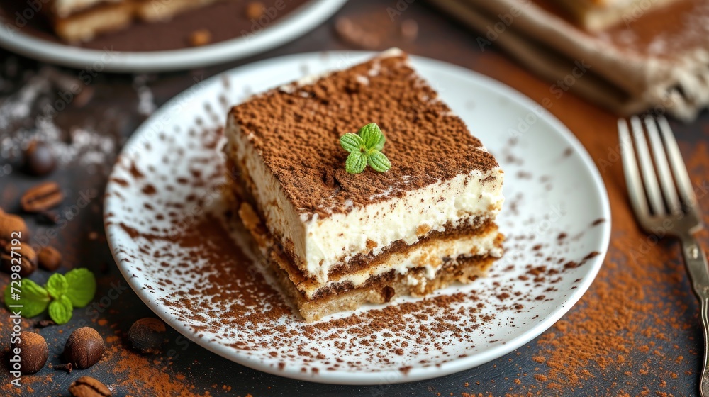 a piece of cake sitting on top of a white plate next to a fork and a plate with a piece of cake sitting on top of it on top of a table. a piece of cake sitting on top of a white plate next to a fork and a plate with a piece of cake sitting on top of it on top of a table.