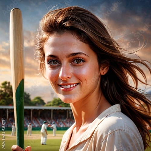 Smiling athletic woman doing Cricket exercise sport activity photo