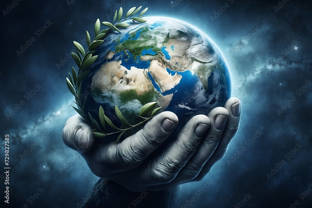 a hand holding the Earth adorned with an olive branch, symbolizing peace and unity a hand holding the Earth adorned with an olive branch, symbolizing peace and unity