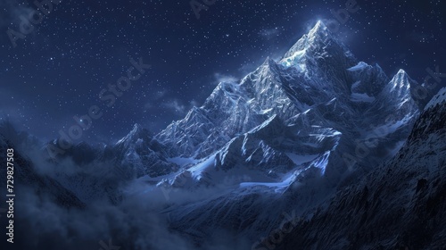  a night scene of a mountain range with stars in the sky and clouds in the foreground, and a full moon in the middle of the night sky above. © Olga