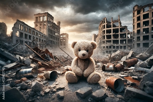 a teddy bear sitting amidst the ruins of a destroyed city photo