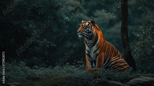  a tiger sitting in the middle of a forest with its mouth open and it's head turned to the side, with trees and bushes behind it, in the foreground. © Olga