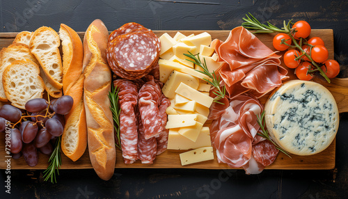 flat lay of a wooden board with many different kinds of cheese, meat, and bread, in the style of scout core