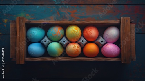  a box filled with different colored eggs on top of a wooden table next to a blue and red wall and a wooden wall behind the eggs are painted in different colors.