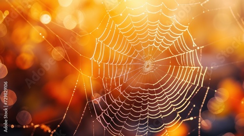  a close up of a spider's web on a blurry background with a boke of light coming out of the center of the spider's web.
