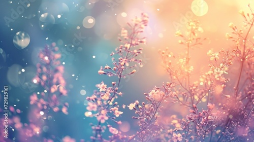  a close up of a bunch of flowers on a blue and pink background with boke of light coming from the top of the flowers and a blurry background.