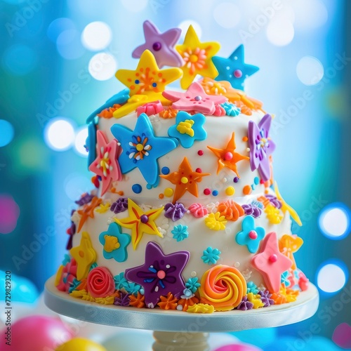 Best ever birthday cake for child s birthday  bright colors  lots of decor  isolated on bright blurred background  photorealistic  professional studio photo