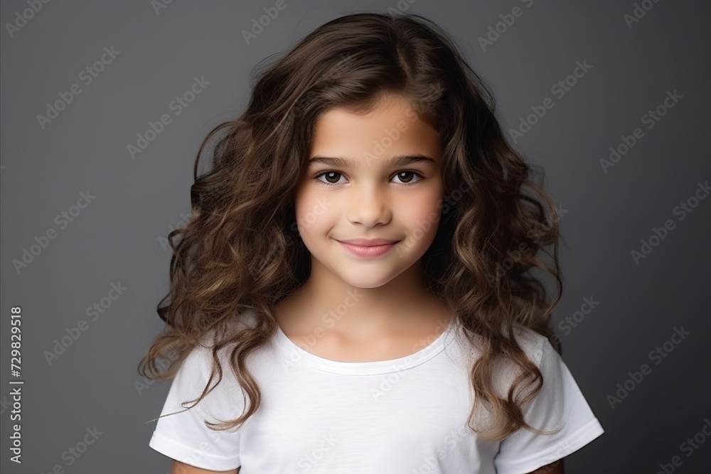 Portrait of a cute little girl with long curly hair over grey background Portrait of a cute little girl with long curly hair over grey background