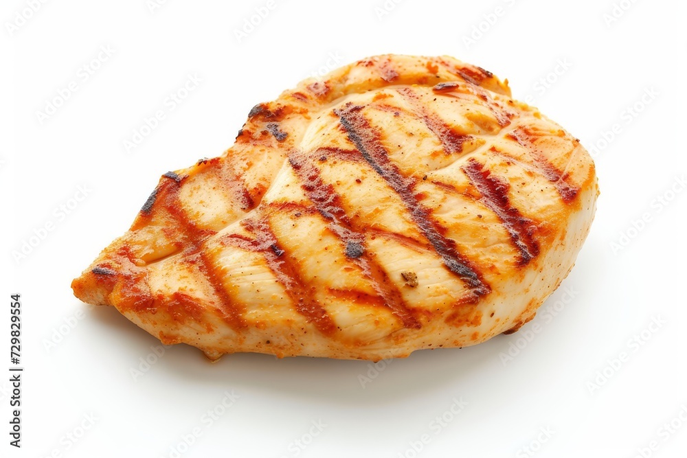 Closeup view of a grilled chicken breast isolated on white background Closeup view of a grilled chicken breast isolated on white background