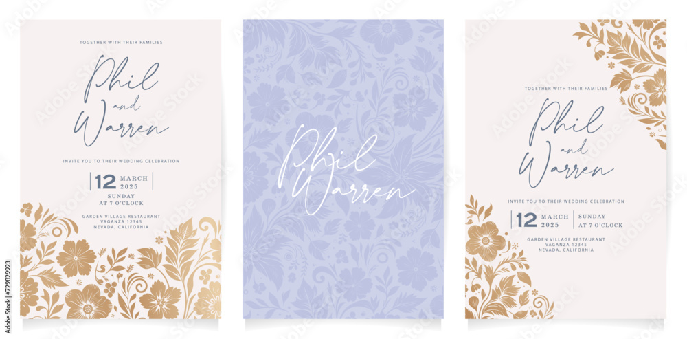 three wedding invitations cards set with gold and blue designs templates with floral background for greetings cards template, Stationery, Layout, collage, scene designs, event flyers, prints materials three wedding invitations cards set with gold and blue designs templates with floral background for greetings cards template, Stationery, Layout, collage, scene designs, event flyers, prints materials