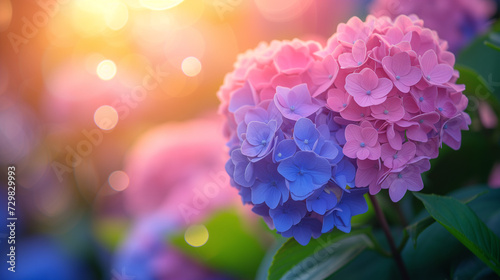 Hydrangea macrophylla bush with pink and blue flowers  on the right,  bokeh, atmospheric photo photo
