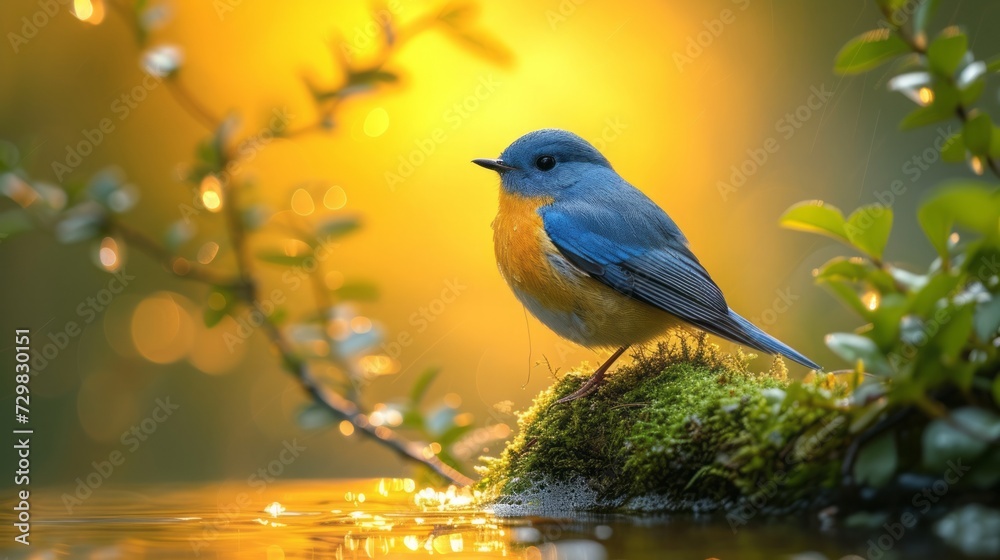 Natural background and a small blue bird perched on a branch with a small moss tree, covered in the forest Natural background and a small blue bird perched on a branch with a small moss tree, covered in the forest