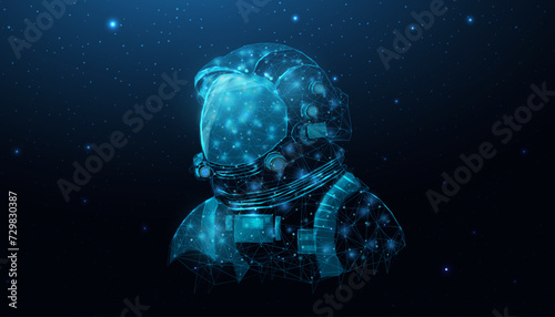 Fototapeta Naklejka Na Ścianę i Meble -  Wireframe astronaut in space galaxy close up. Futuristic polygonal cosmonaut helmet, space tourism concept. Starry abstract background with glowing human. Vector illustration