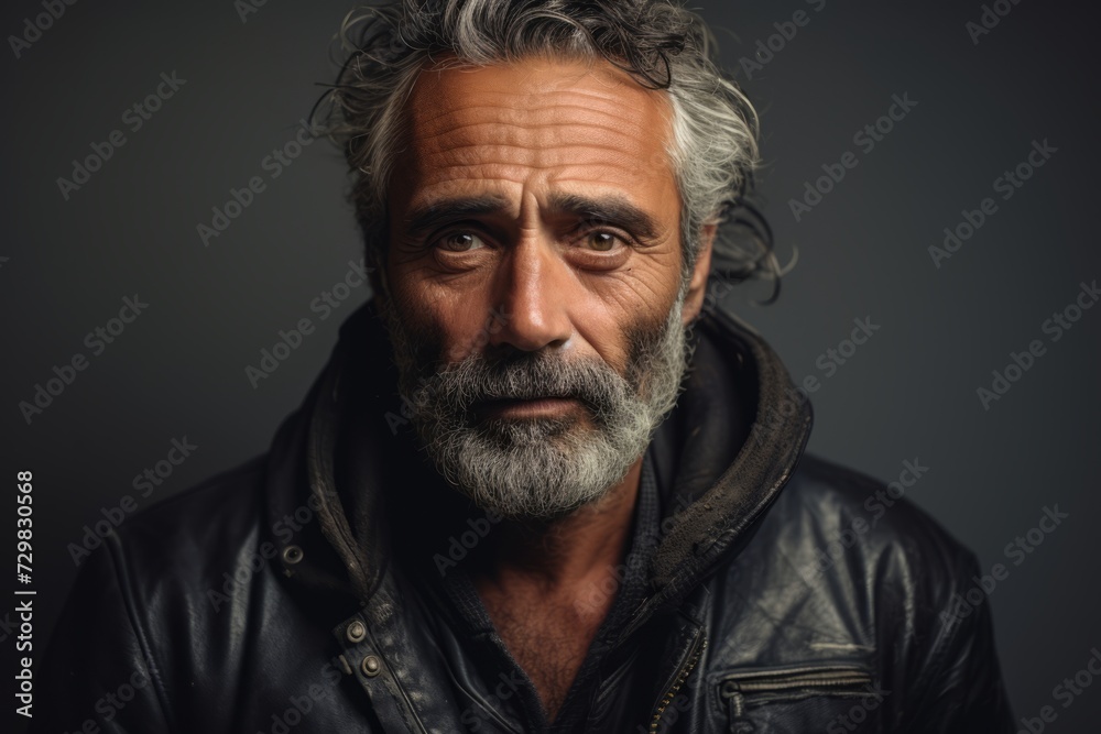 Portrait of a mature man with gray hair and beard wearing a leather jacket.
