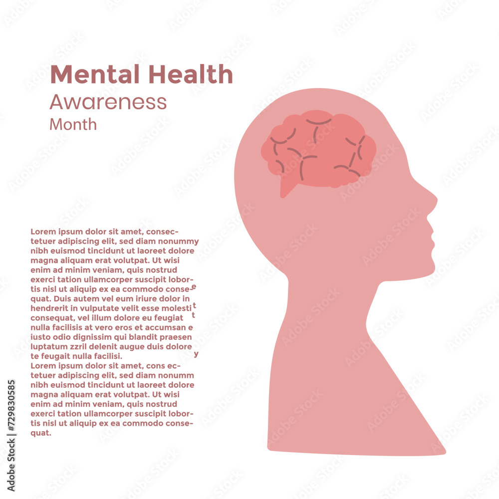 illustration of a head with brain Mental health awareness month may vector illustration