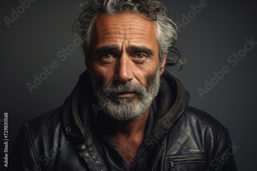 Portrait of a mature man with gray hair and beard wearing a leather jacket.