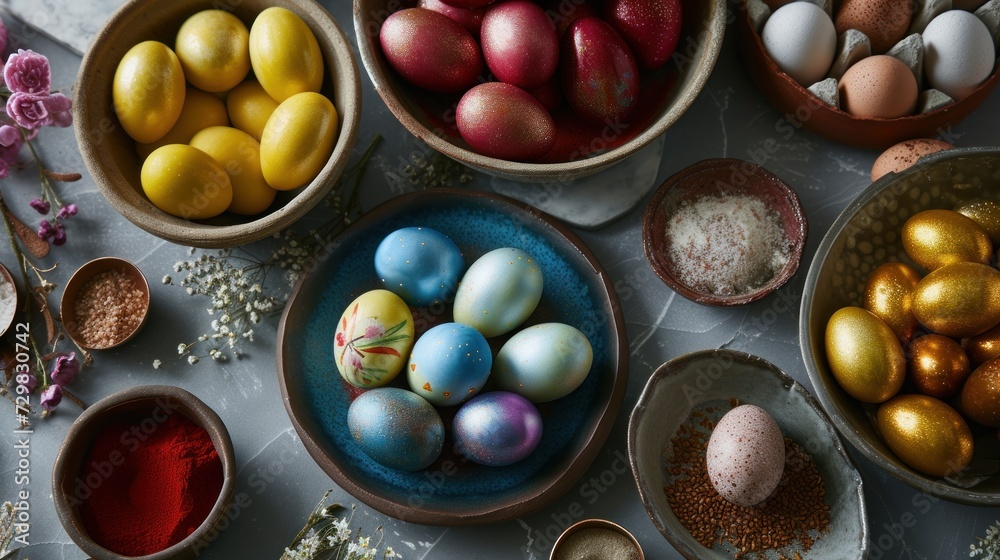 Φωτογραφία a table topped with bowls filled with lots of different types of colored eggs next to other bowls filled with different types of colored eggs next to each other bowls filled with eggs
