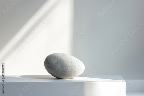 A minimalist setup with a single, beautifully carved stone piece in the center, on a clean, white background.