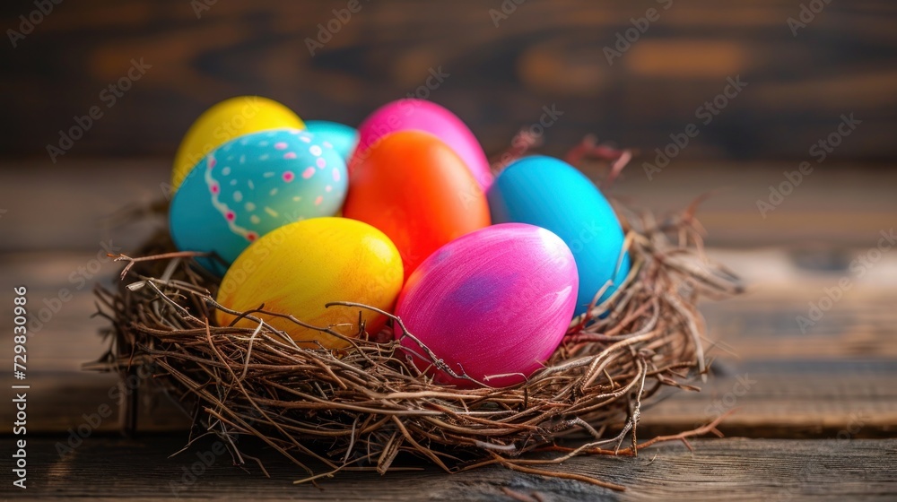  a nest of colored eggs sitting on top of a wooden table next to a wooden wall with a wooden planked wall behind it and a wooden planked surface.