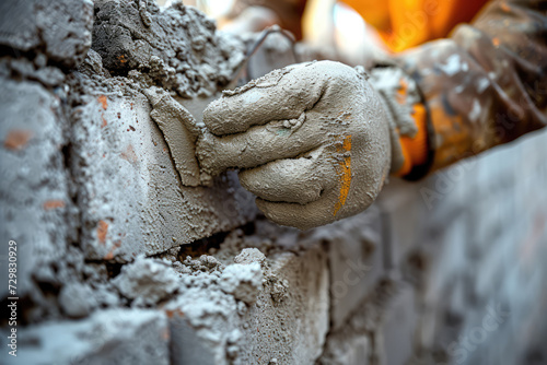 A close-up of skilled hands laying bricks with precision, spreading mortar with a trowel on a bright