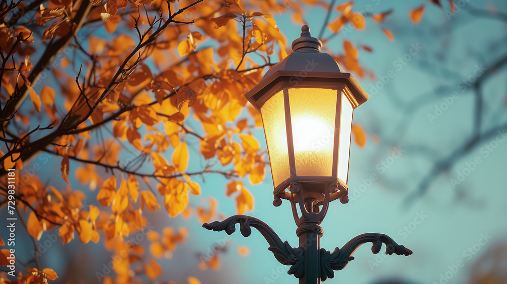 Lamp post aglow amid autumn leaves. Lamp post aglow amid autumn leaves.