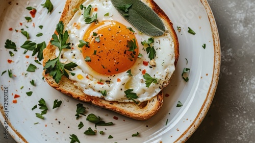  a white plate topped with a piece of bread and an egg on top of a piece of bread with a leafy green sprig of parsley on top.