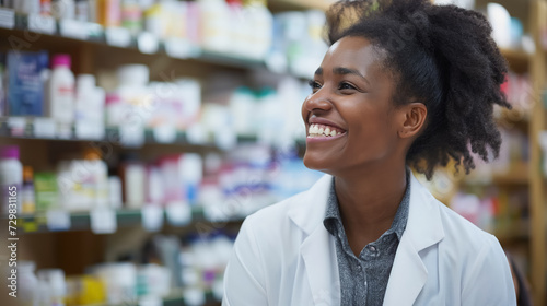 Joyful pharmacist in white coat at work.