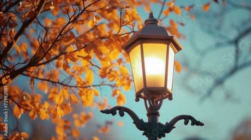 Lamp post aglow amid autumn leaves.