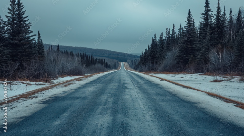  a road in the middle of a forest with snow on the ground and trees on both sides of the road, and a line of evergreen trees on the other side of the road.