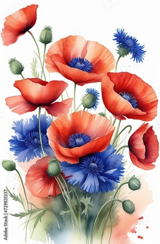 Poppies and cornflowers on a white background. Watercolor red poppy flowers and blue cornflower.