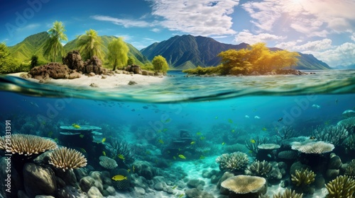 Split View of Tropical Island and Underwater Coral Reef © Polypicsell