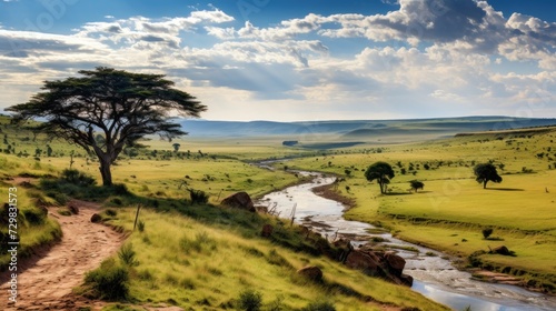 Savanna Landscape with Acacia Tree and River