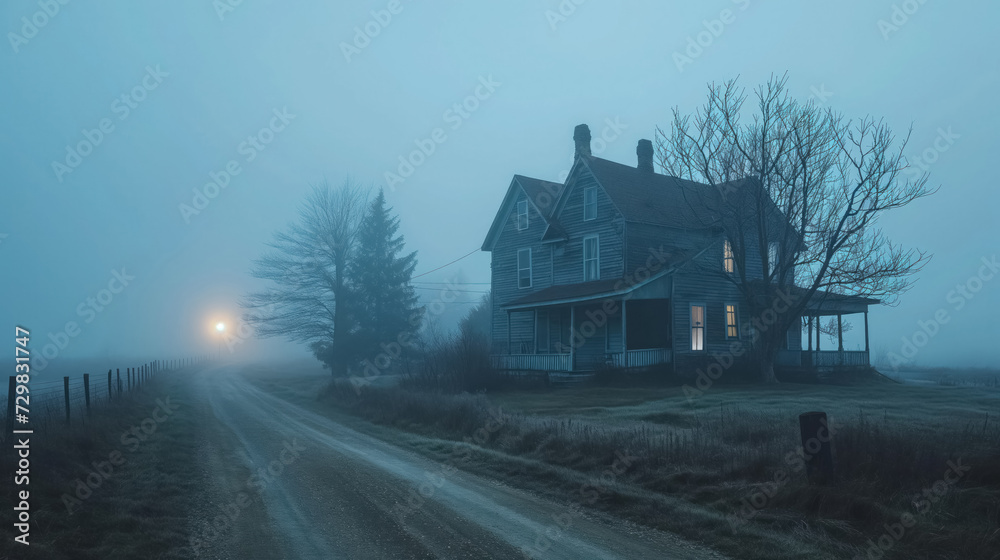 Misty dawn at a solitary countryside house.