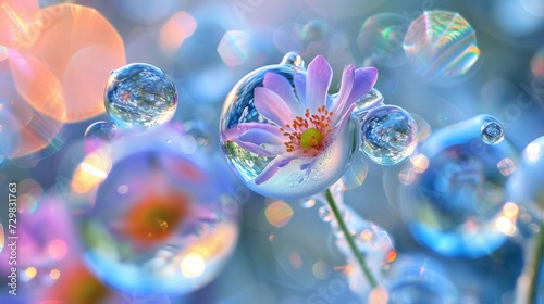  a close up of a flower with bubbles in the foreground and a blurry background of bubbles in the foreground, with a single flower in the foreground. © Olga